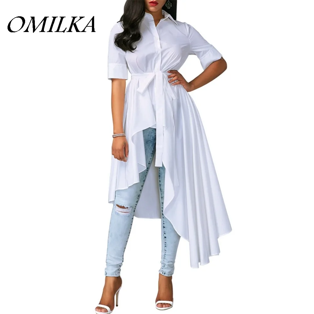 

OMILKA 2019 Summer Women Short Sleeve Turn Down Collar Hi Low Shirt Dress Casual White Plus Size Bandage Big Swing Party Dress