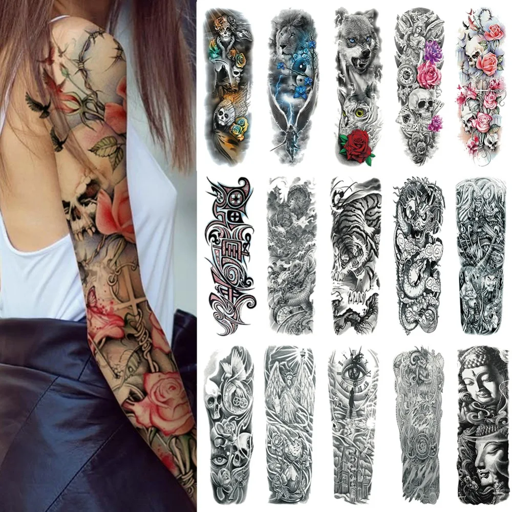 Full Sleeve Arm Temporary Tattoo Realistic Timeless Roses Clock Mens Womens Temporary Tattoos Aliexpress Full Sleeve Arm Temporary Tattoo Realistic Timeless Roses Clock Mens Womens Temporary Tattoos Aliexpress