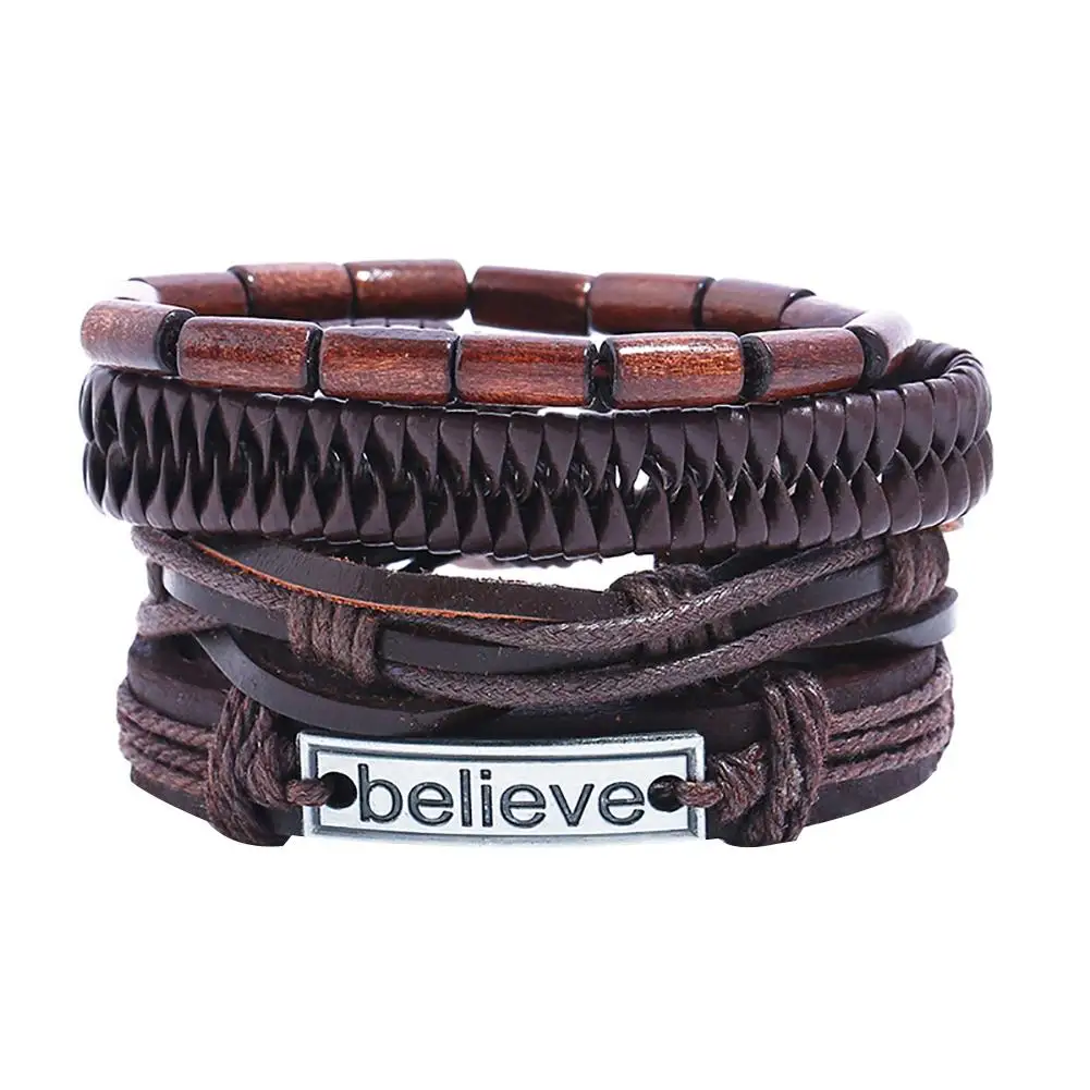 4Pcs/Set Men Believe Faux Leather Braided Multi-layer Bracelet Wristband Jewelry bracelet DIY Alloy | Украшения и аксессуары