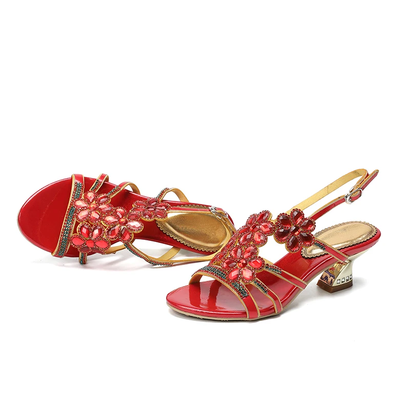 2019 Purple Luxury Rhinestone Summer Sandals Flower Block Heels Chunky Sandals Thick Heel Woman Summer Sexy Shoes