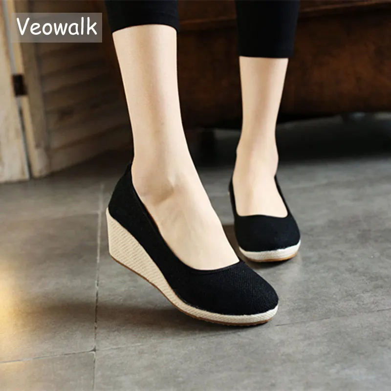 Veowalk/женские льняные Эспадрильи на танкетке ручной работы Винтажные однотонные