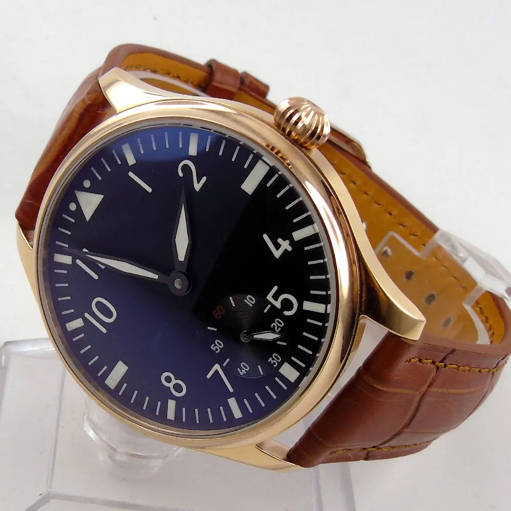 

Valentines gift 44mm parnis Black Dial Rose Golden Plated Leather strap 17 jewel 6498 Hand Wind Mechanical men's Watch