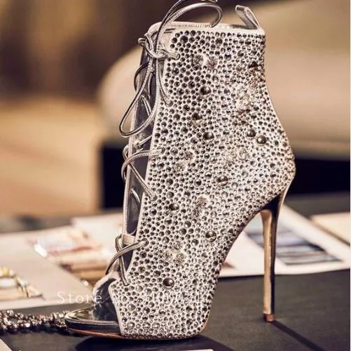 

2018 Bling Gold Luxury Crystal Hot Stiletto Peep Toe Thin High heels Cut-outs Women Sandal Boots Rhinestone Lace Up Shoes Woman