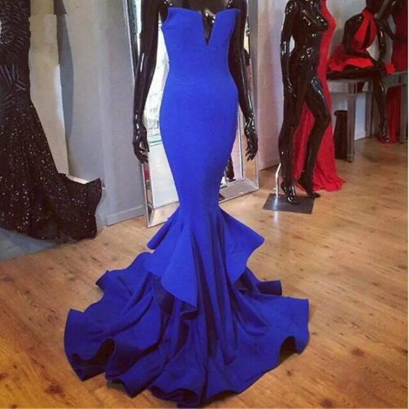 

Blue Muslim Evening Dresses 2019 Mermaid V-neck Ruffles Plus Size Elegant Islamic Dubai Saudi Arabic Long Formal Evening Gown