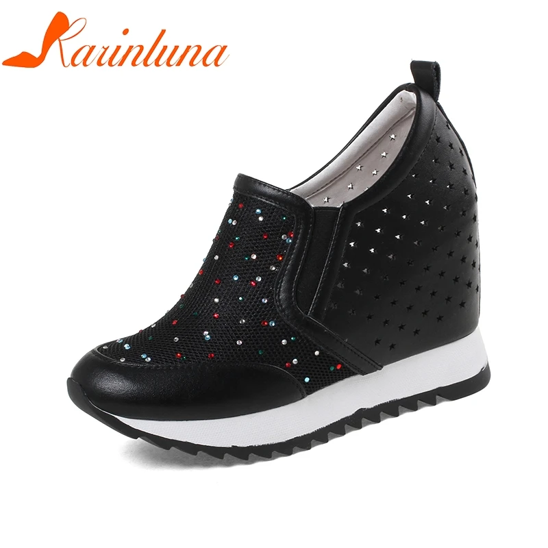 

KARINLUNA 2018 Large Size 32-40 Cow Leather Increasing Heels Women Shoes Woman Black Elastic Band sneakers Woman Footwear