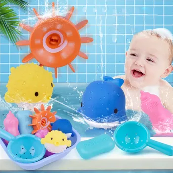 

8 Pcs Silicone Baby Bath Toys Set Sprinkler Bathroom Water Spray Squeeze Toys Soft Rubber Fishing Toys Play Animals Bath