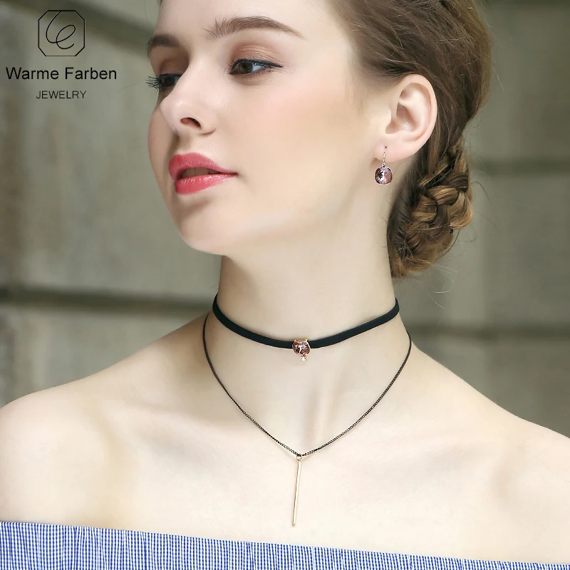 

WARME FARBEN Fashion Women Chokers Necklace Fine Jewelry Baroque Crystal Clavicle Necklace with Double Black Rope Chain Collares
