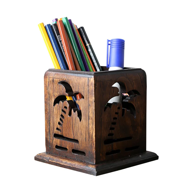 Тайская Ретро креативная Выгравированная твердая деревянная подставка для ручек офисный многофункциональный деревянный стаканчик для карандашей украшение ручной работы