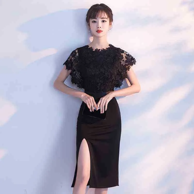 Однотонное платье для выпускного вечера, кружевное лоскутное платье с разрезом, короткое платье,, черное, 8 класс, выпускные платья TS151 - Цвет: 4