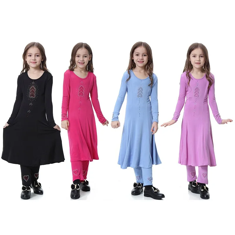 2 PCS Muslim Baby Girl Dress Kid Clothes Set Solid Color Baby Girl