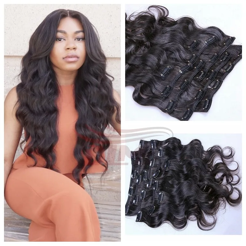 

Clip in Human in Hair Extension Wavy Malaysian Virgin in Hair Clip Ins Body Wave #1 Jet Black for Black Women with Free Shipping