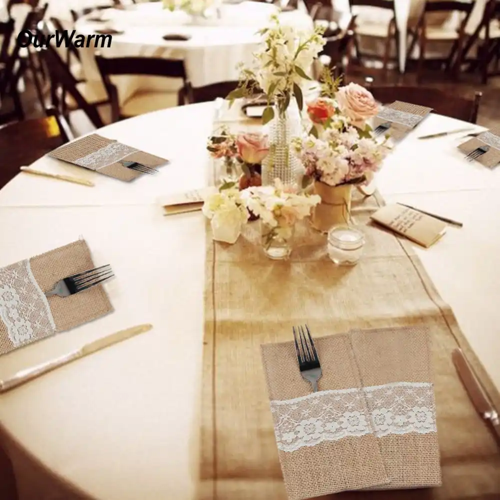 Ourwarm Rustic Wedding Burlap Fork Knife Pouch Mat Holder