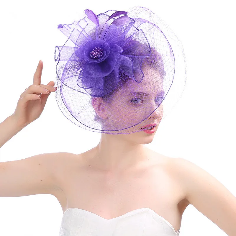 JaneVini винтажные женские свадебные шляпы с лицевая вуаль фиолетовый клетка элегантный стиль, для невесты, для свадьбы аксессуары для волос шляпка Mariage