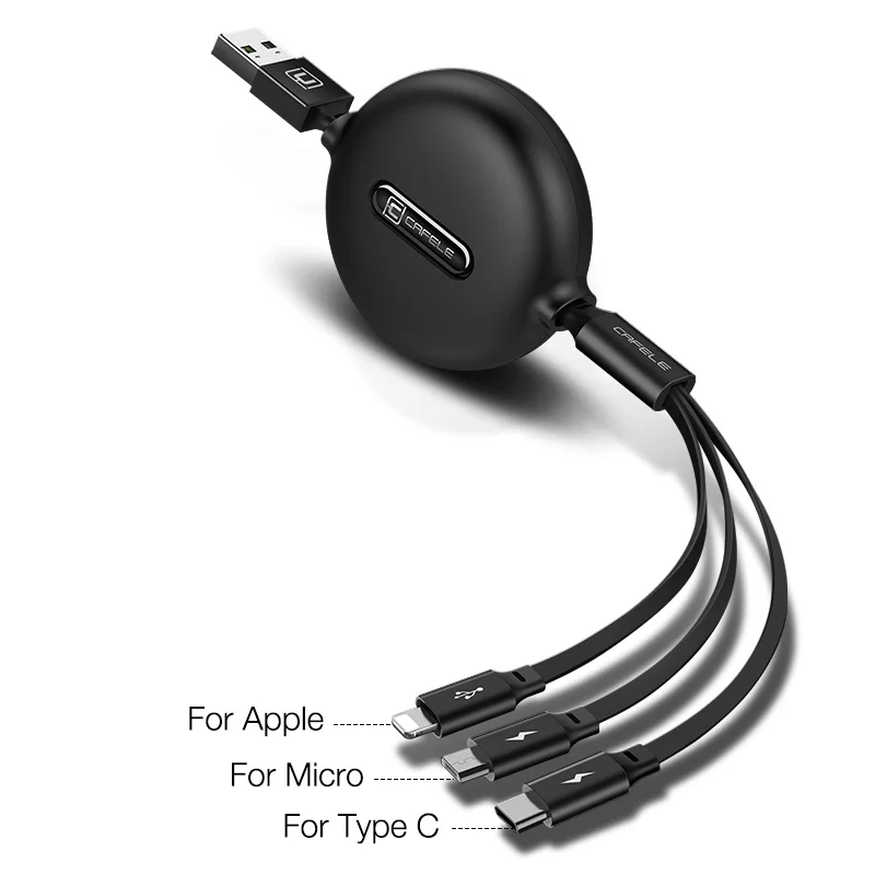 Cafele 3 в 1 Micro USB кабель usb type C кабель для iPhone зарядное устройство выдвижной кабель поддержка быстрой зарядки синхронизации данных 120 см - Цвет: Black