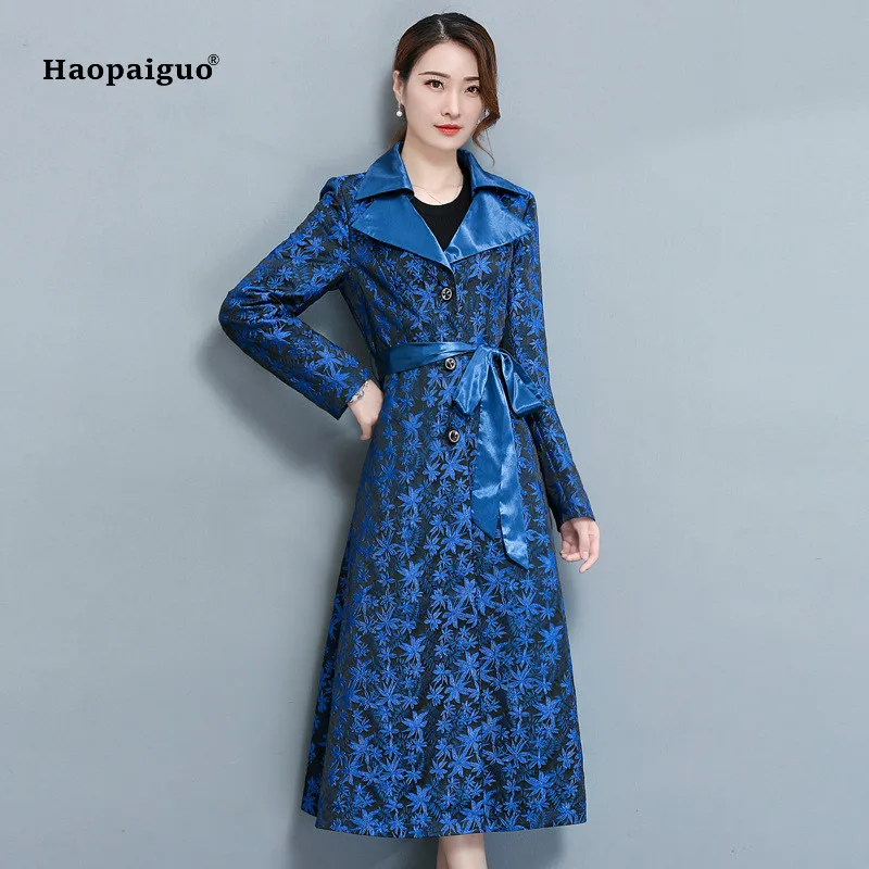 

Fashion Autumn Winter 2018 Women Coats Blue Black Elegant Print Full Sleeve Turn-down Collar X-long Coat Office Outwear Coats