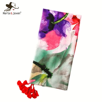 

Marte&Joven Charming Ink Painting Printed Colorful Women Scarf Tassel Oversize Spring Summer Beach Cover Pashmina Stole Ladies