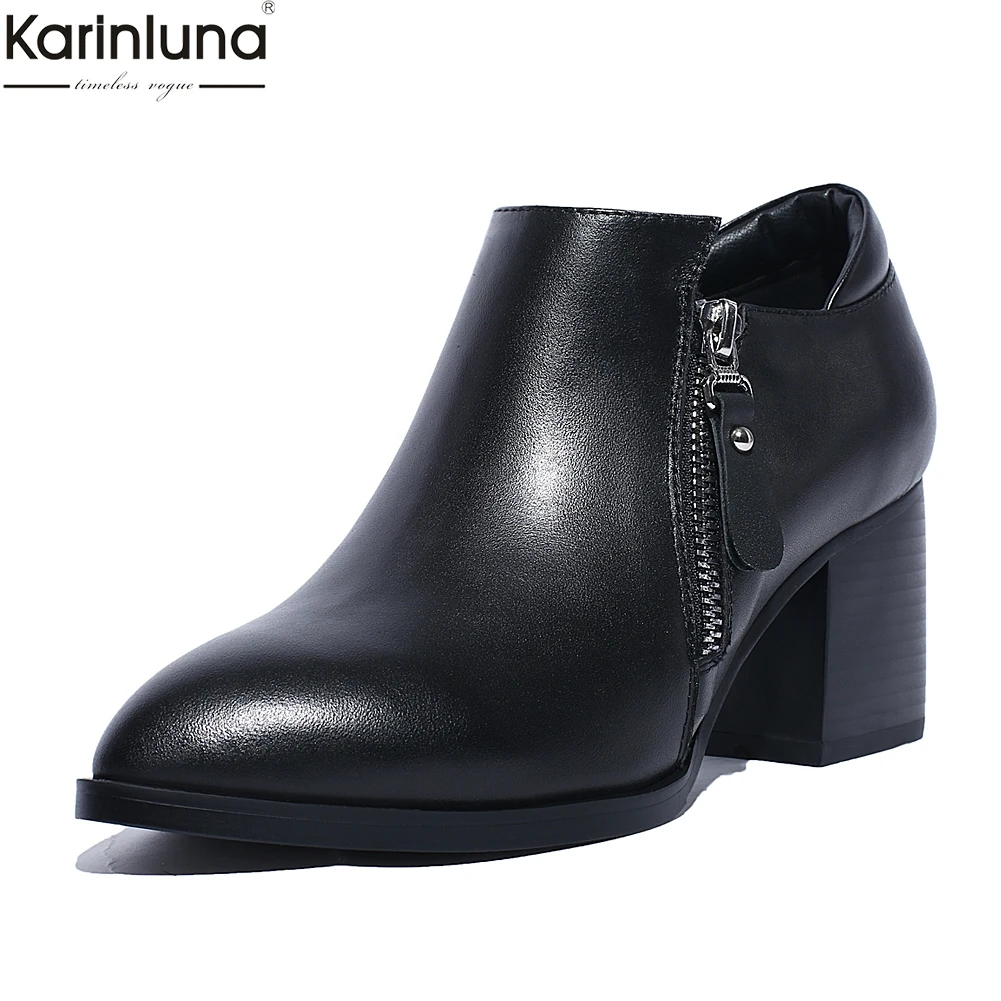 

Karinluna Brand New Dropship square Heels Genuine cow Leather Boots Women Shoes zipper pointed toe elegant Shoes Ankle Boots