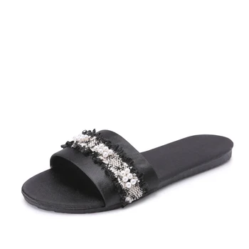 

Women String Bead Silk Flat Slippers Pearl Tassels Summer Open Toe Non Slip Ladies Slides Comfort Fashion Casual Female Shoe New