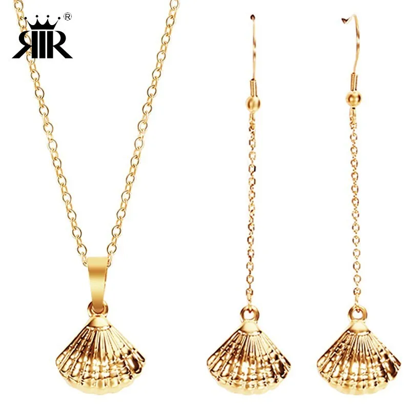 

RIR Silver Gold Seashell Necklace Stainless Steel Boho Chic Tiny Beach Ocean Sea Shell Pendants Jewelry Set Gift For Women