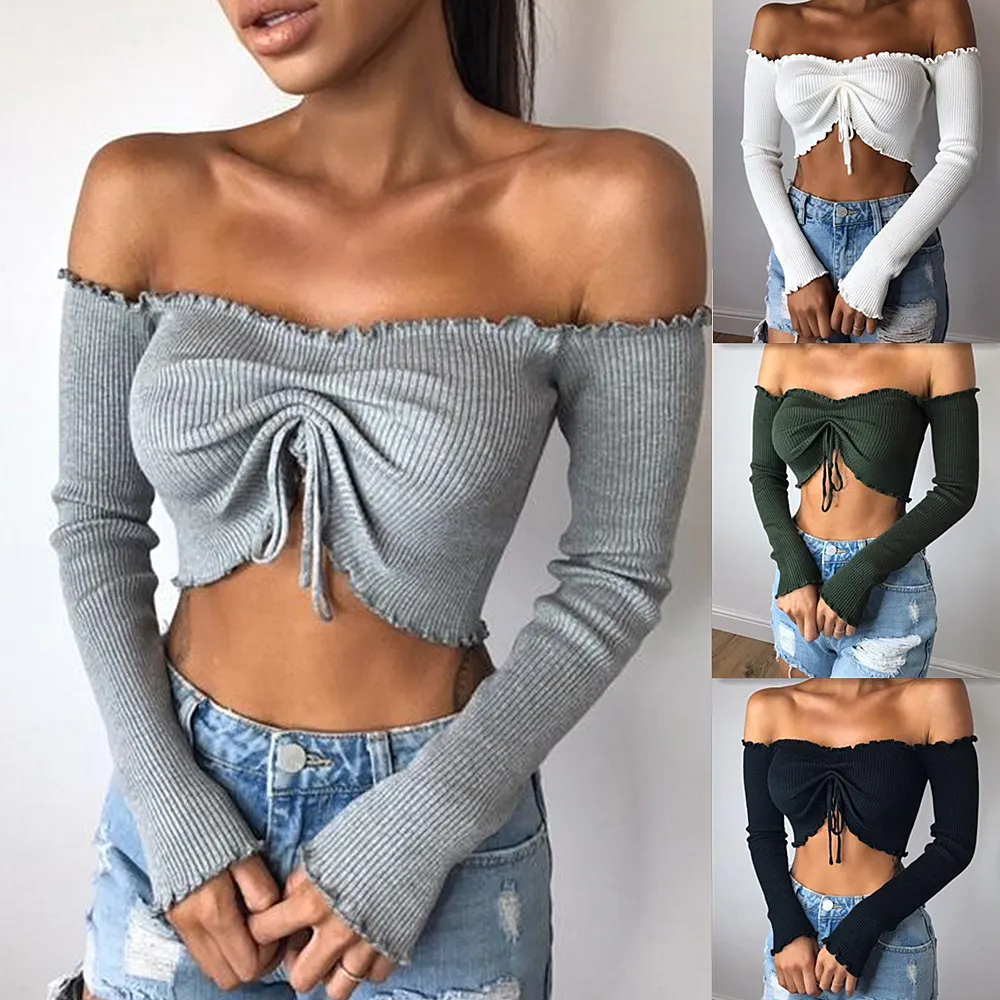 off shoulder top wrap blouse crop top long sleeve v neck front tie up