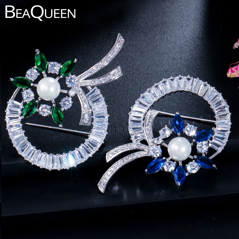 BeaQueen сверкающие зеленый синий кубический цирконий кристалл цветок жемчуг броши для свадьбы броши для женские бижутерия BH006