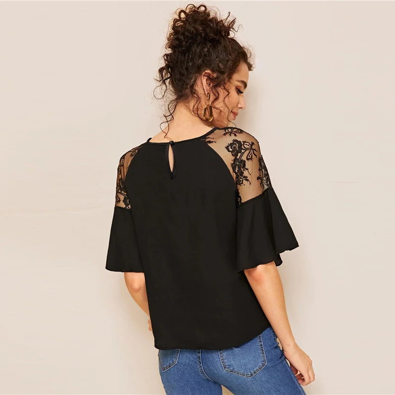 Sheinside Black Contrast Lace Trim Patchwork Blouse Women Summer Flounce Sleeve Blouses Ladies Solid Half Sleeve Top