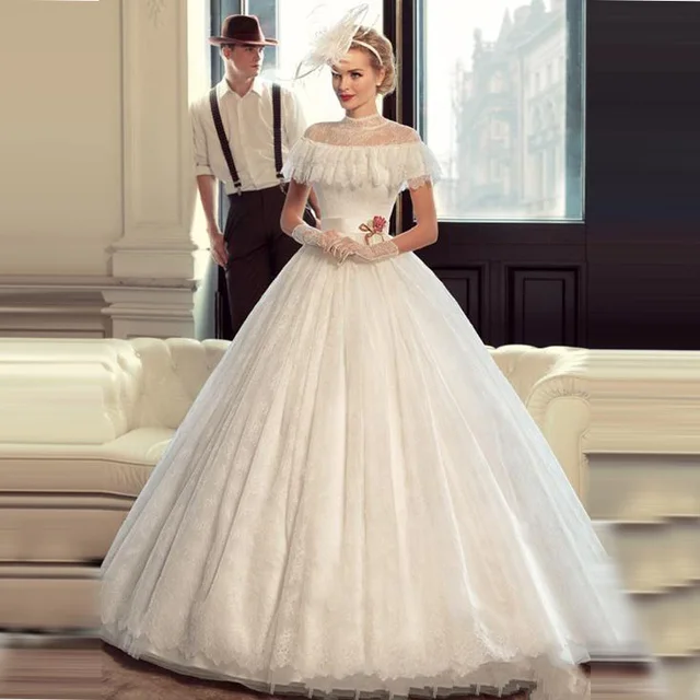 White Vintage Wedding Dress 2017 Ball Gown High Neck vestido de noiva robe de mariage Appliqued