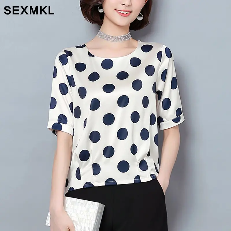 SEXMKL Womens Chiffon Blouses Summer Fashion Casual Silk Blouse Sexy Tops Office Ladies Shirts White Polka Dot Blouse Top