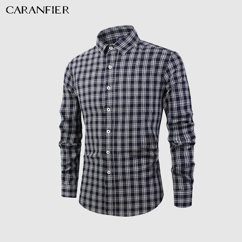 CARANFIER/ весенне-зимние мужские рубашки в клетку с длинными рукавами, повседневная брендовая рубашка Camisa Masculina,, высокое качество - Цвет: 5black