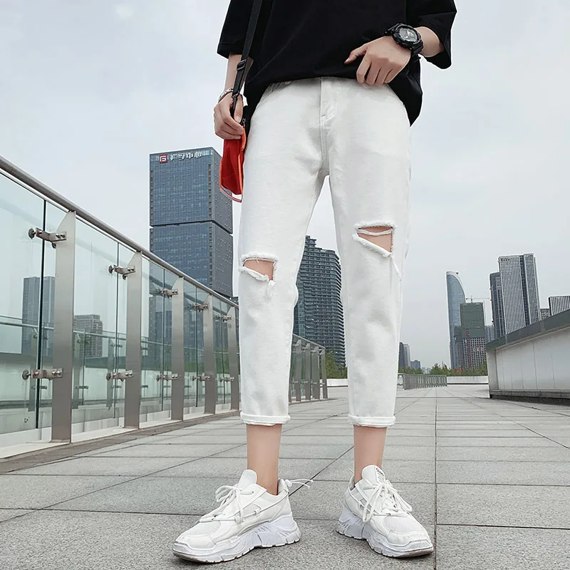 

Summer New Jeans Men Slim Casual Fashion Black White Torn Hole Jeans Man Streetwear Trend Wild Hip Hop Denim Male Clothes