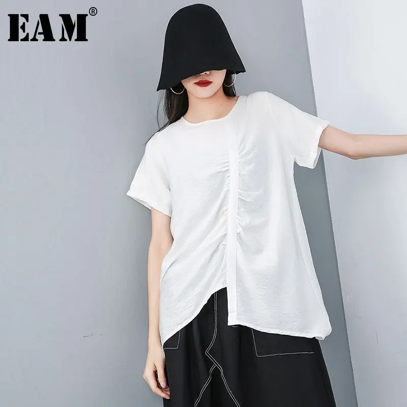 

[EAM] 2019 New Spring Summer Round Neck Short Sleeve Black Loose Irregular Hem Fold Temperament T-shirt Women Fashion Tide JT599