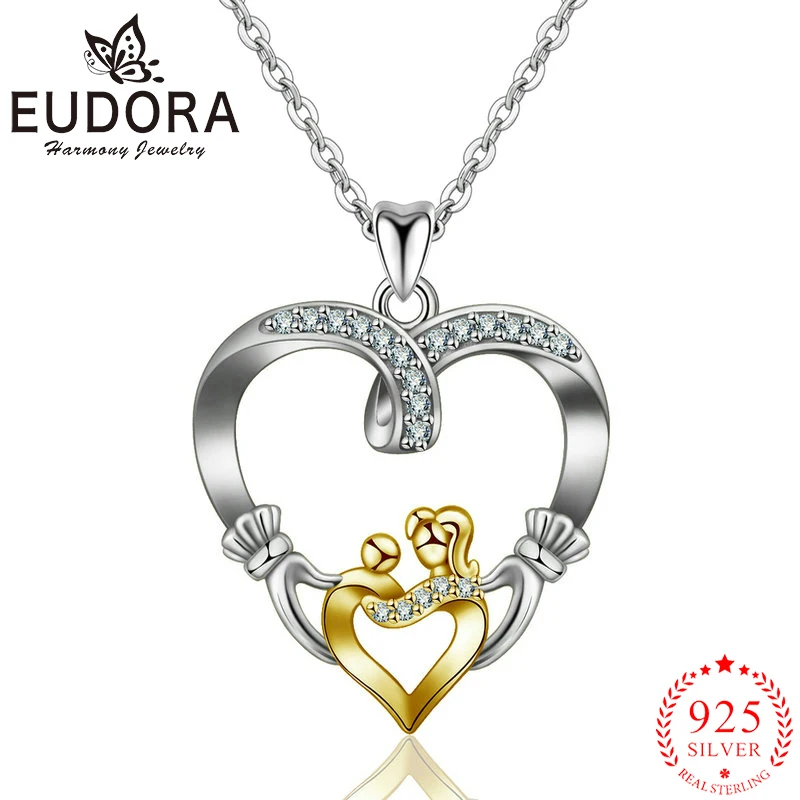 Серебряное ожерелье Eudora, настоящее 925 пробы, для мамы и ребенка, с подвеской в виде сердца, подарок на день матери, ювелирное изделие D151