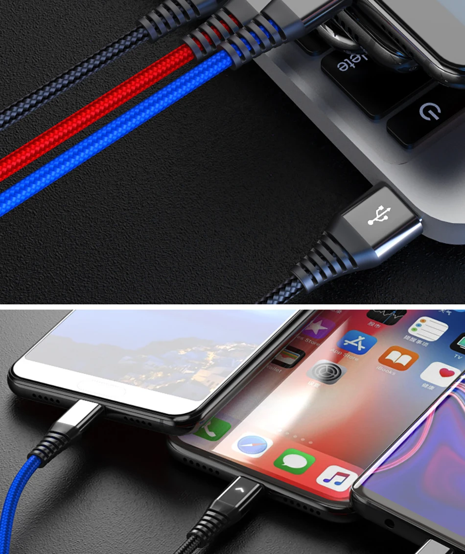 !ACCEZZ 2.4A 3 in 1 USB Cable Micro USB Type-C Charging Cable For iPhone 7 8 Plus X XS XR Android Phone For Samsung S8 Data Cord (13)