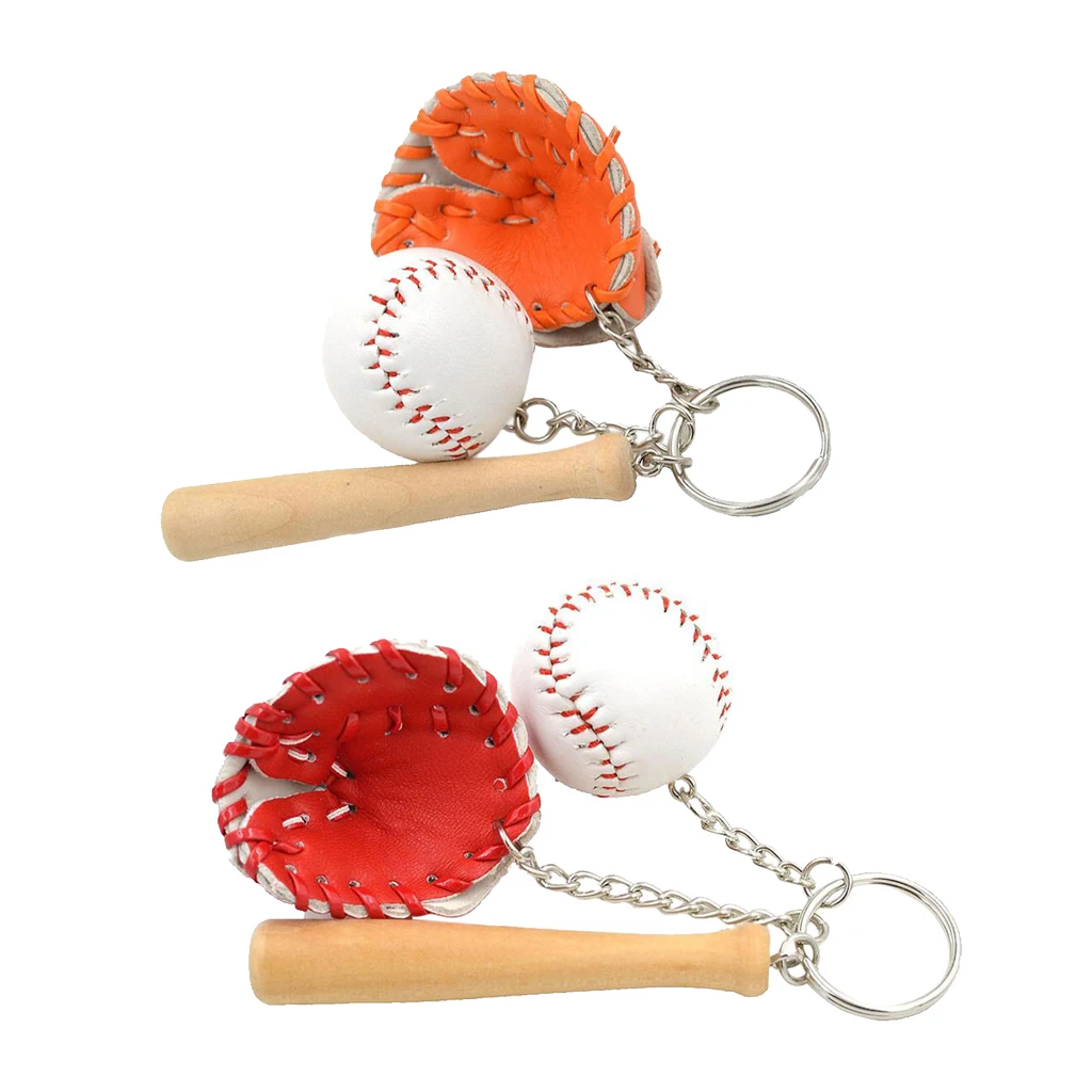 2PCS Baseball Bat With Orange Glove Pendant Keyring Keychain Hanging