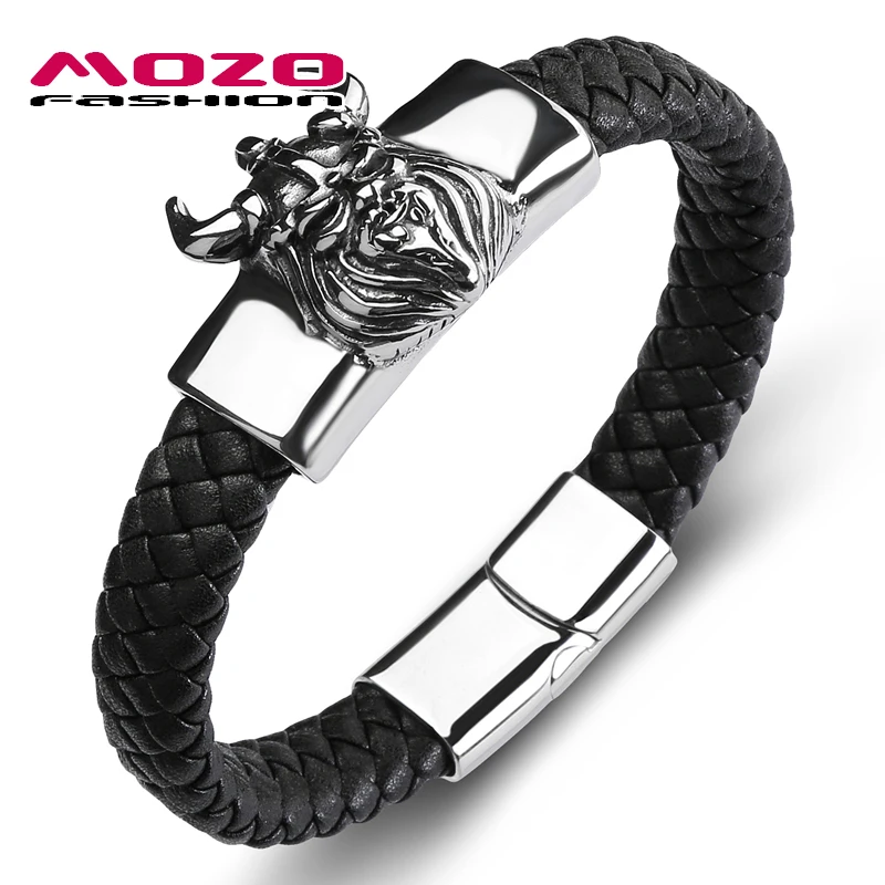 

MOZO FASHION 2020 New Trendy Men Bracelet Genuine Leather Punk Stainless Steel Bracelets Man Collocation Cuff Jewelry HOT 137
