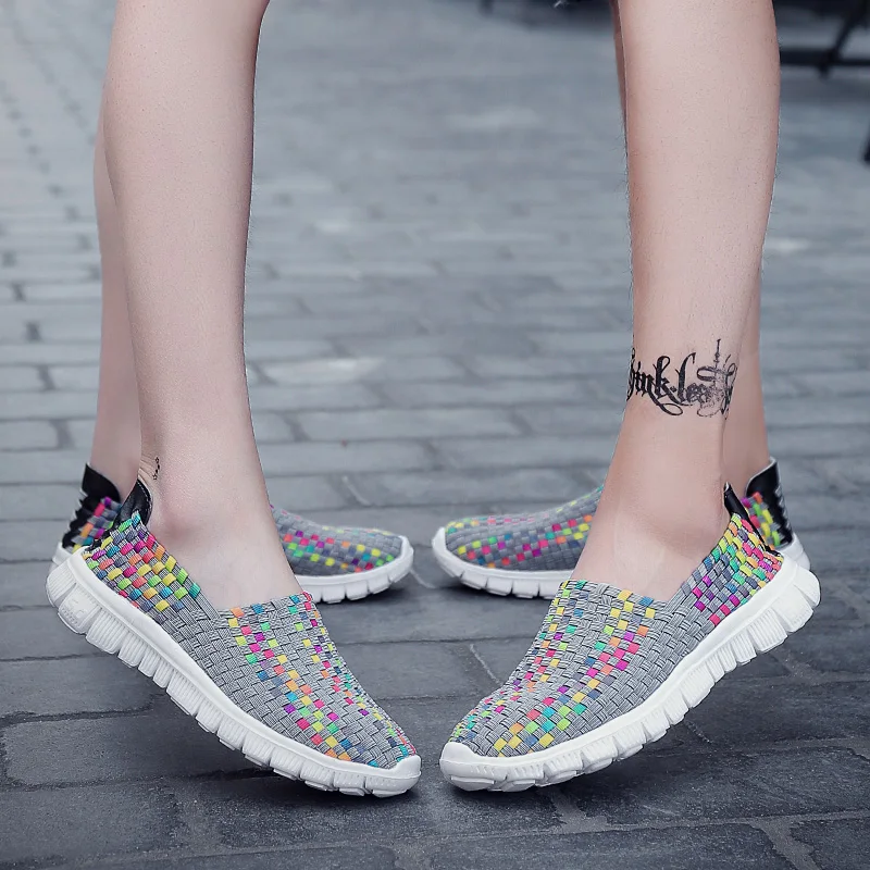 Big Size 35-44 Yards Woven Mesh Women Shoes Round Head Breathable Soft Flats Slip-On Footwear Lightweight Outdoor Casual Shoes (45)