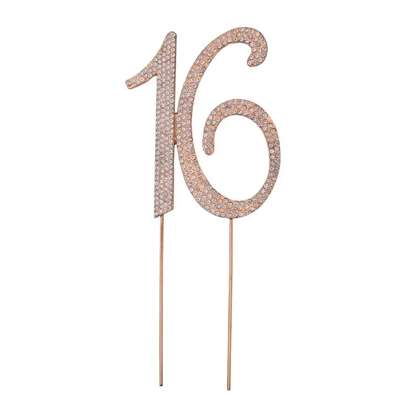 

16 Cake Topper for 16th Birthday Party or Anniversary Crystal Rhinestones Decorative Cake Topper for Party Supplies (Gold)