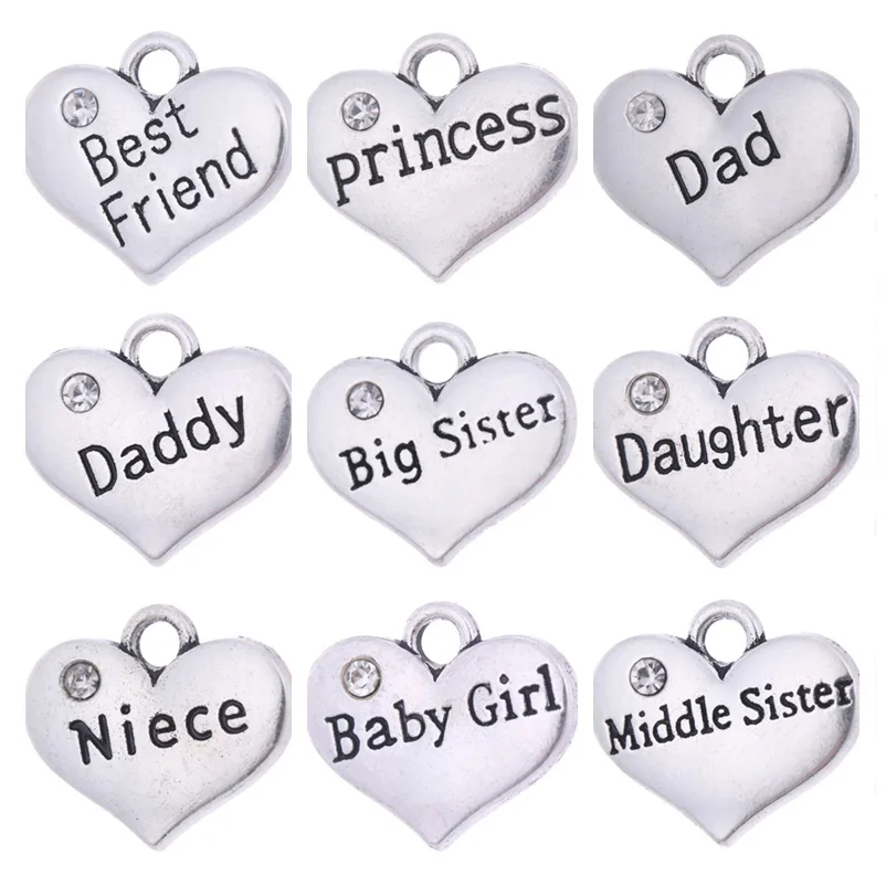 

Teamer Family Series Charm Pendant for Necklace Letter Middle Sister Dad Best Friend Daughter Baby Girl Heart Charms DIY Jewelry