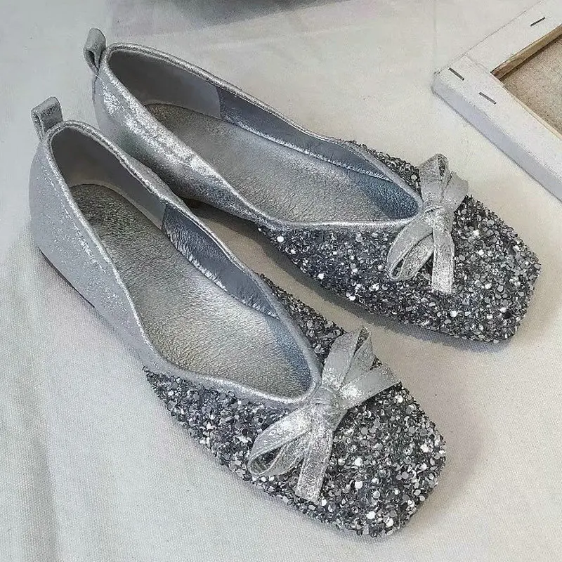 shiny silver flats