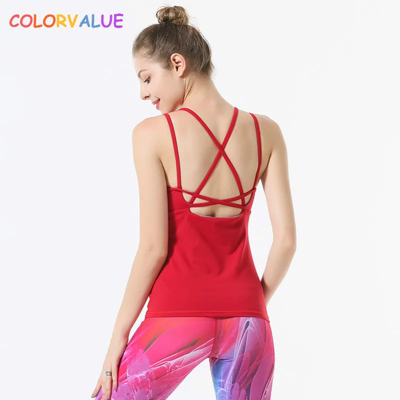 

Colorvalue Front Mesh Solid Yoga Fitness Vest Women Removable Pads Slim Fit Sport Dance Tank Tops Back Cross Nylon Workout Vest