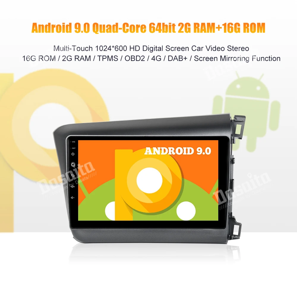Discount 1 din Android 9.0 car audio for Honda Civic 2012 2013 GPS car multimedia MP3 Bluetooth 9" IPS Multi Touch Screen 0