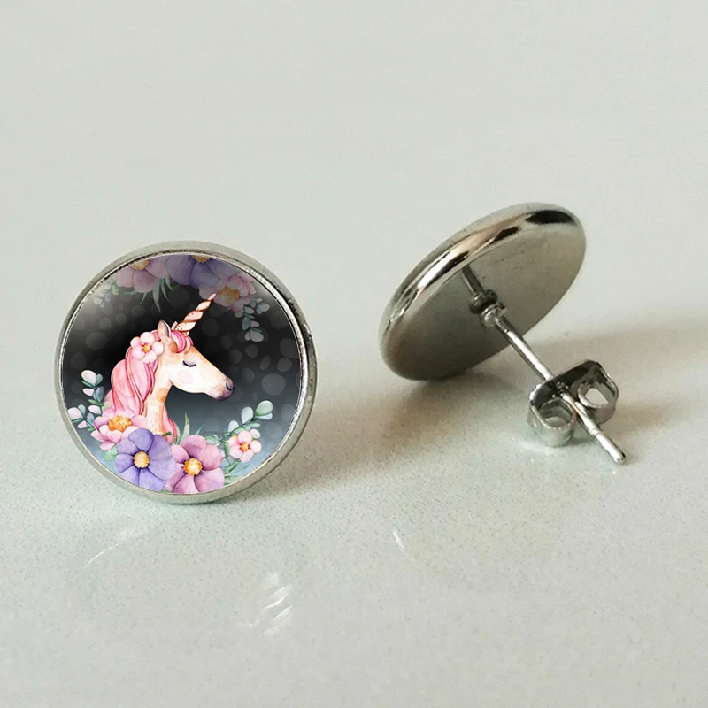 

Handmade jewelry cute unicorn retro earrings glass convex round studs female retro party gifts