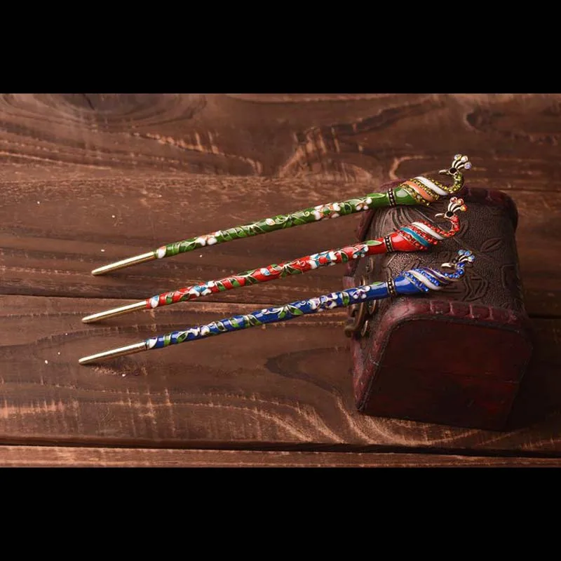 

Chinese retro style high quality hair ornaments enamel cloisonne peacock hair stick hairpin women's clothing hair decoration