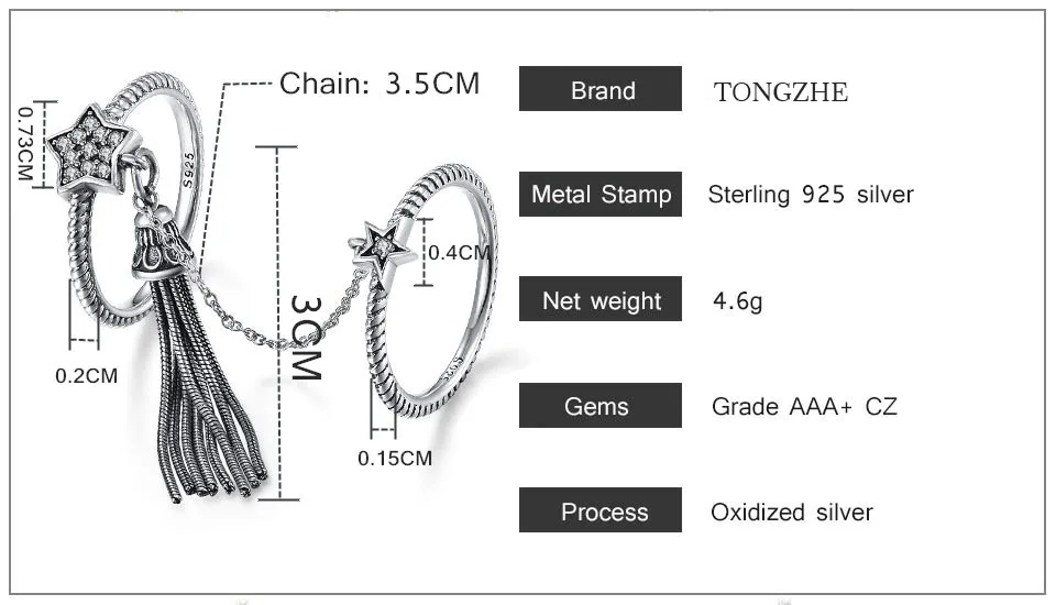 TONGZHE кисточкой Звезда дизайн из натуральной 925 пробы Серебряное кольцо кристалл стек для женщин ювелирные изделия с цепочкой KLTR028-1