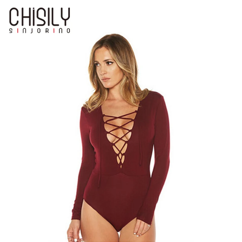 CHISILY SINJORINO Lace Up Deep V Sexy Bodysuit Women Overalls Female Streetwear Culbwear Long Sleeve Solid Red White Green