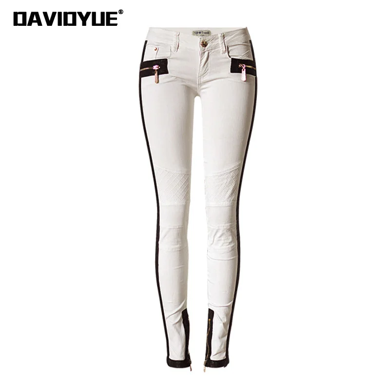 Осень Мода PU лоскутные белые джинсы женские молнии с низкой талией эластичные