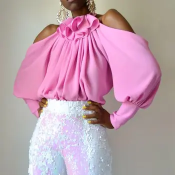 Women Tops And Blouses 2019 Pink Lantern Sleeve Elegant Office Lady Female Ruffles Cold Shoulder Shirts Plus Size Blouse lace panel flowy cold shoulder blouse