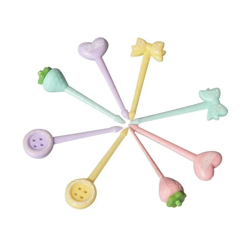 New Quality 8Pcs Bowknot Love Strawberry Button Mini Food Fruit Forks Baby Lunch Box Tableware