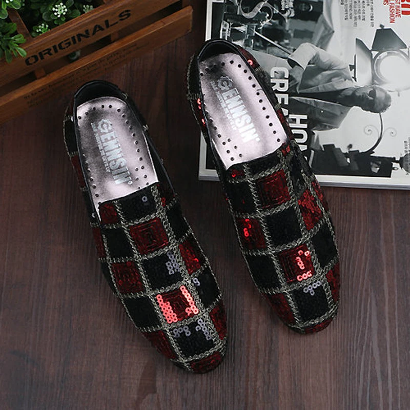 

CANGMA 2017 Italian Loafers Luxury Men Flats Shoes Casual Glitter Sequins Black Red Men's Dress Shoes Business Schoenen Mannen