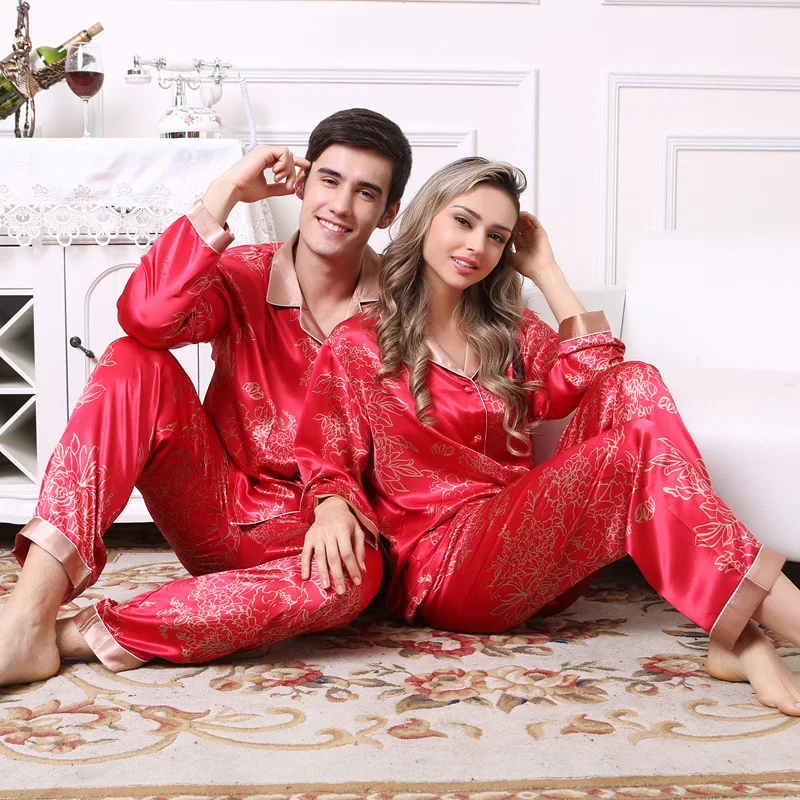 

Bride Three Pieces Silk Pajamas Long Sleeved Wedding Pajama Set Mens Silk Sleepwear Red Lovers Nightgown Loungewear D-2163